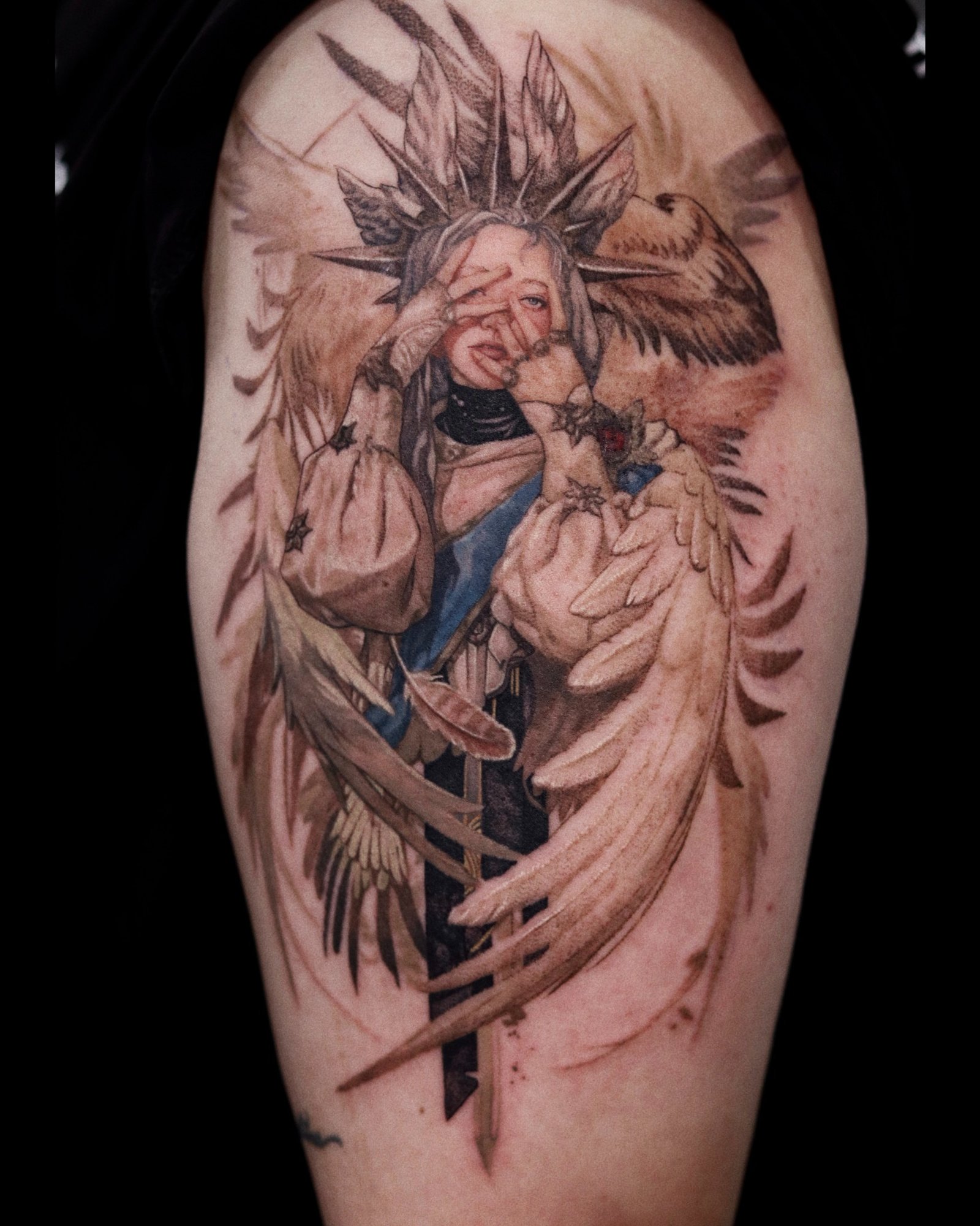 Illustrative winged woman tattoo by Hoang Bao at Overthink-Ink Saigon