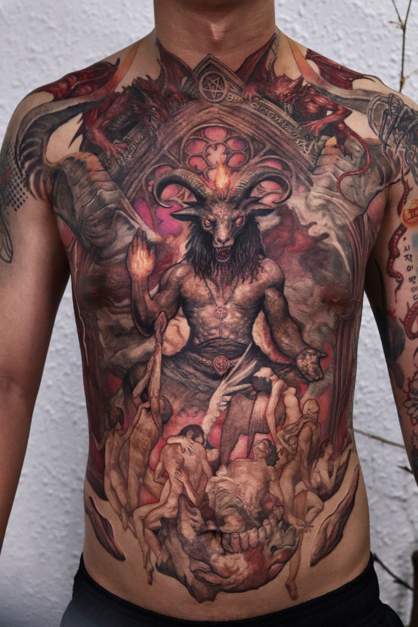 Large dark mythological torso tattoo by Hoang Bao at Overthink-Ink Saigon