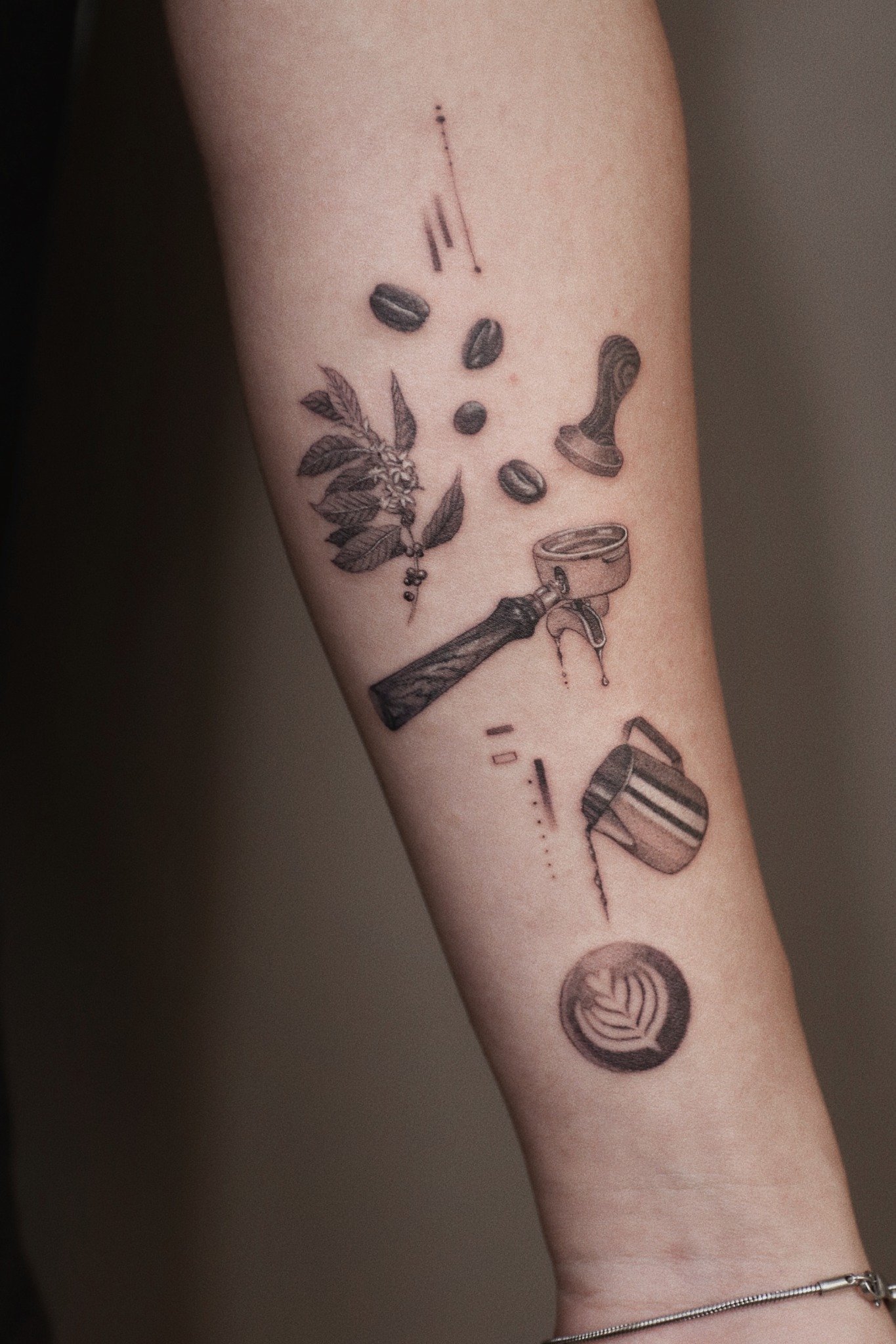 Fine-line coffee tattoo by Hoang Bao at Overthink-Ink Saigon