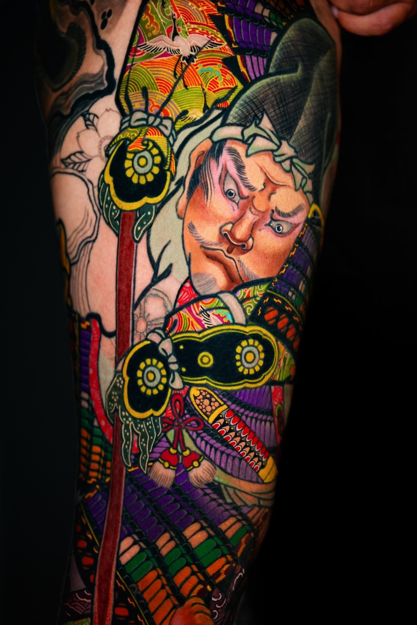 Color Japanese warrior leg sleeve tattoo by Dao Kim Duy at Overthink-Ink Saigon