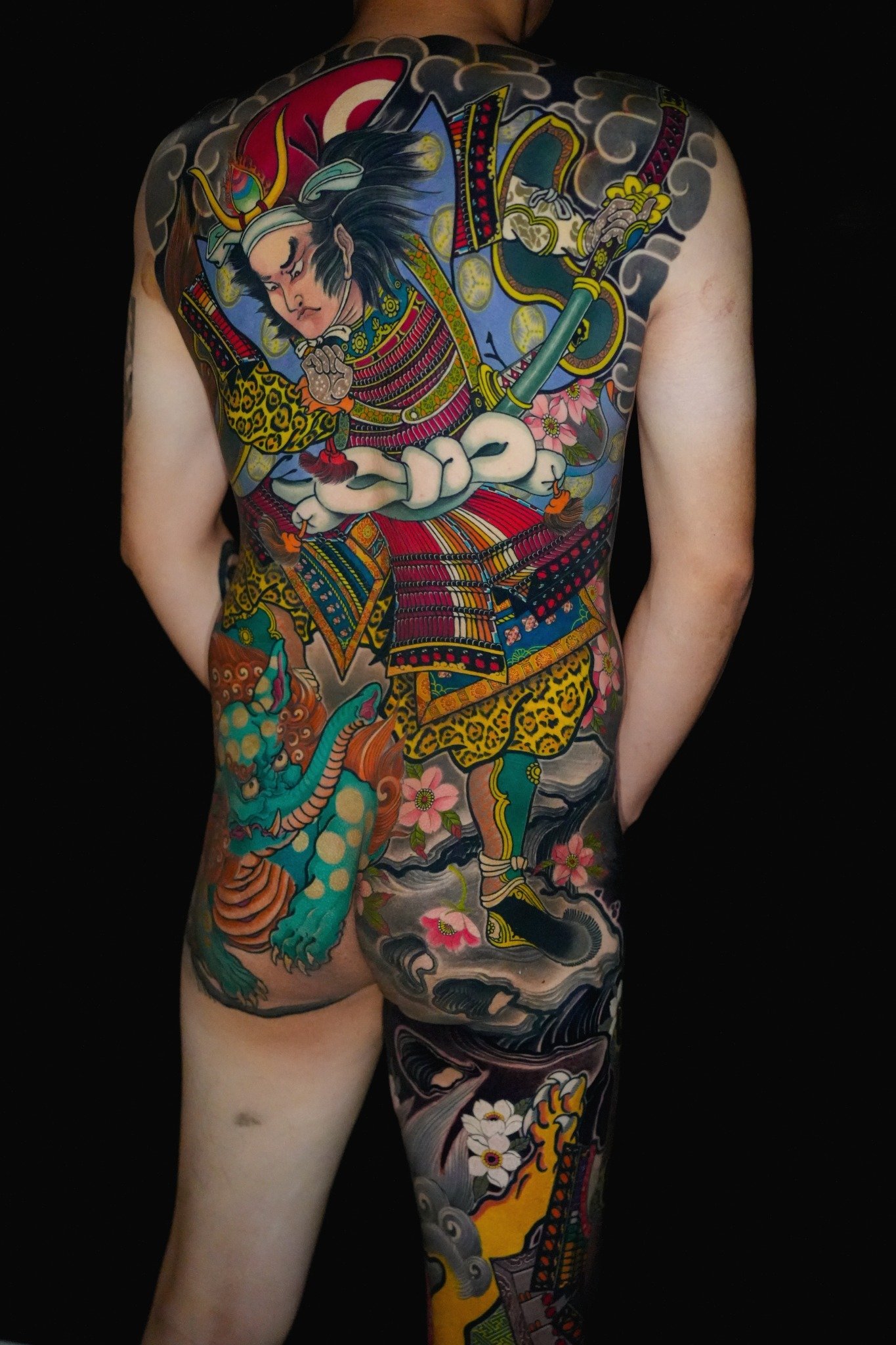 Large Japanese back and leg tattoo by Dao Kim Duy at Overthink-Ink Saigon