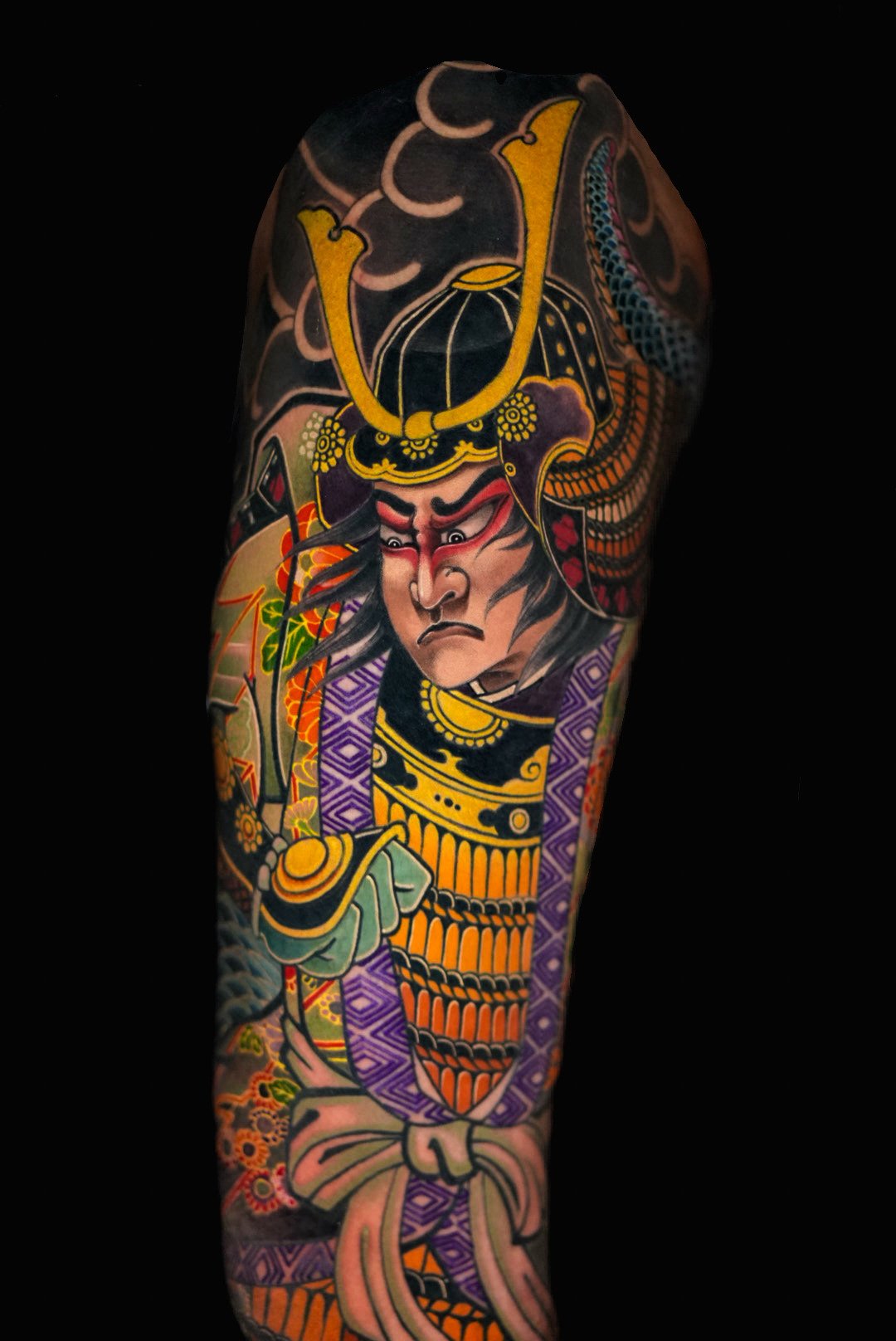 Japanese samurai portrait sleeve by Dao Kim Duy at Overthink-Ink Saigon