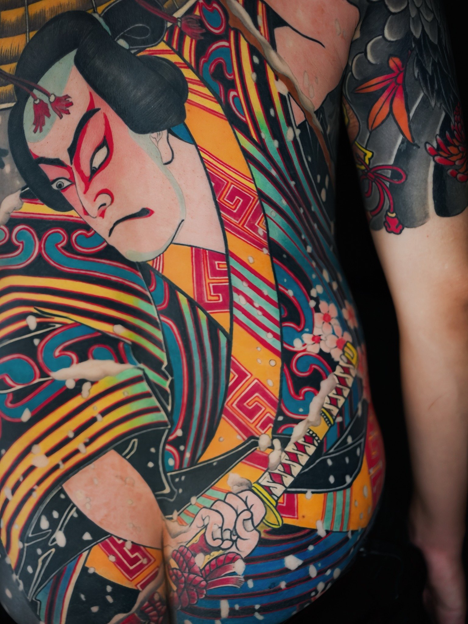 Japanese kabuki back tattoo detail by Dao Kim Duy at Overthink-Ink Saigon